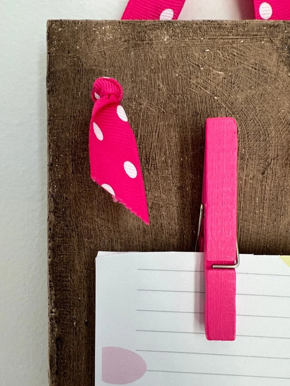 Handmade & Upcycled Pink Polka Dot Ribbon Note Holder Clip 12.25” x 5”